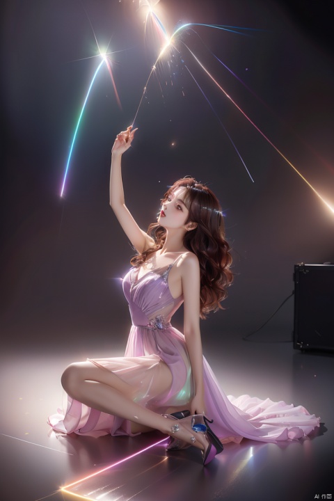  (masterpiece, top quality, best quality, official art, beauty:1.2),whole body,suspender skirt,vertical painting,idol,(luminous quality chiffon dress:1.1),(flash effects:1.3),lavender slip skirt,(hair all to one side:1.5),(dark wavy hair:1.1),(dark red hair:1.1),floating in the air,(crystal high heels:1.2),spotlight,(stage lighting:1.2)