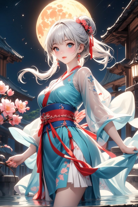  (Top quality, best quality, art, beauty and aesthetics: 1.2),2D animation, anime style, girl standing in the water, red and blue dress, hanfu, white hair, dynamic posture, pale skin, charming beauty, gorgeous eyes, elegant face, details, peach blossom forest, ultra lifelike, high-definition, 8k, 3d, rubber texture, digital illustration, niji 5, aestheticism, art, photography style, night, moon, starlight, girl,xinyue, face
