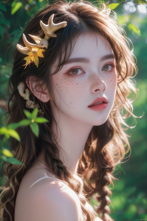  Vintage portrait, photography style, soft focus, pure face,Deer, girl, antlers, vine with leaves, Blonde hair, European and American advanced face, freckles, Detailed light and shadow, Wind, (Strong Sunshine),Two plaits, The forest,Front light source,
, songzuer