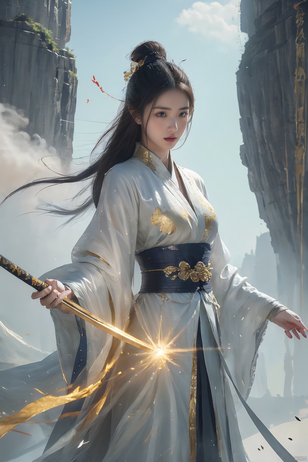  a woman with white hair holding a glowing ball in her hands, white haired deity, by Yang J, heise jinyao, inspired by Zhang Han, xianxia fantasy, flowing gold robes, inspired by Guan Daosheng, human and dragon fusion, cai xukun, inspired by Zhao Yuan, with long white hair, fantasy art style,,Ink scattering_Chinese style, smwuxia Chinese text blood weapon:sw, lotus leaf, (\shen ming shao nv\), gold armor