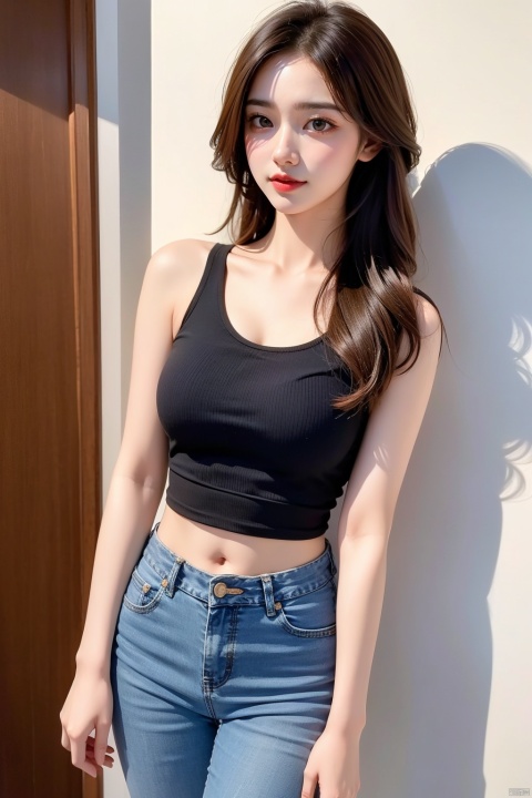  1girl, solo, breasts, looking at viewer, smile, brown hair, black hair, navel, bare shoulders, brown eyes, jewelry, closed mouth, standing, collarbone, cowboy shot, midriff, pants, lips, shadow, tank top, denim, jeans, realistic, arms at sides, 1girl,short skirt, （\personality\）, 1 girl,moyou