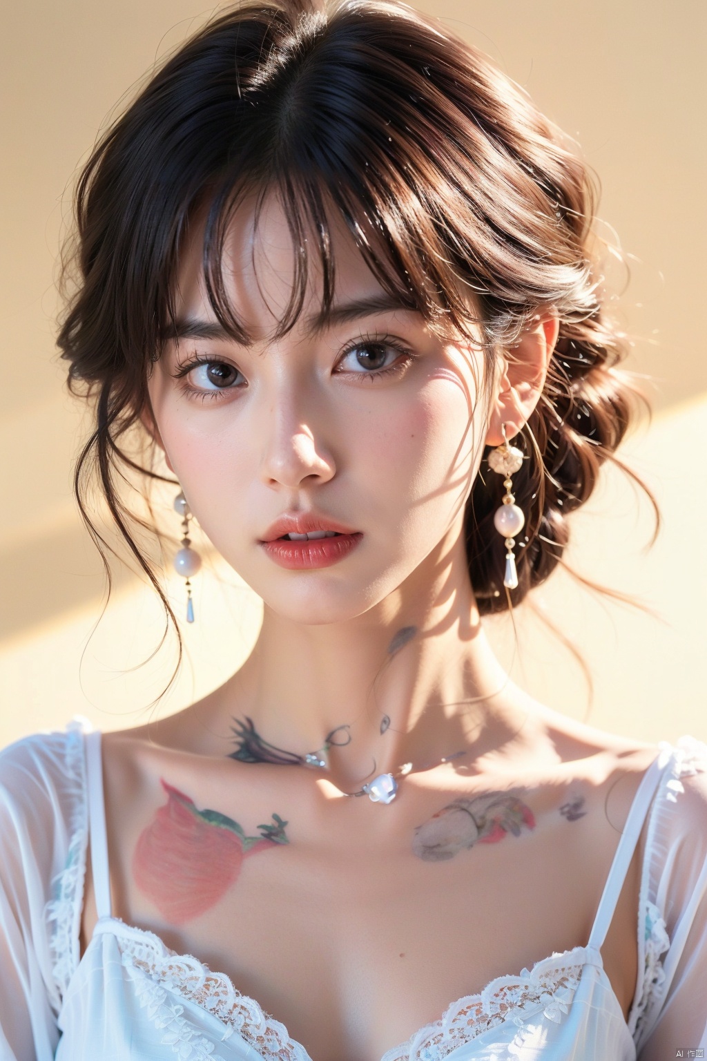  1girl, solo, black hair, realistic, earrings, black eyes, lips, collarbone, parted lips,upper body, portrait, looking awayirt, Light master