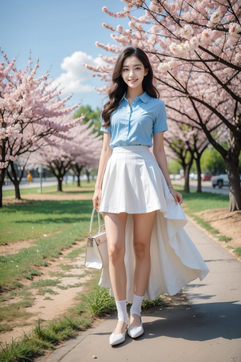  Best Quality, Super High Resolution, a girl (full body photo,) outdoors, white clothes, blue skirt, JK uniform, uniform, full chest, long legs, long hair fluttering, cherry blossom background, blue sky, White Clouds, breeze, turn your face sideways and look to the side, tutututu, lvshui-green dress