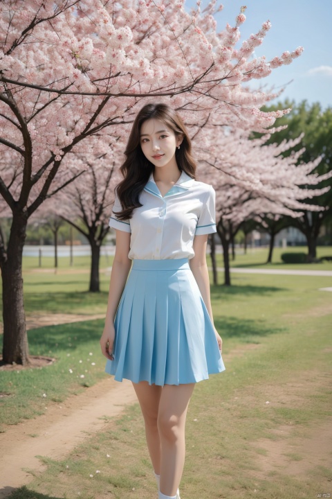  Best Quality, Super High Resolution, a girl (full body photo,) outdoors, white clothes, blue skirt, JK uniform, uniform, full chest, long legs, long hair fluttering, cherry blossom background, blue sky, White Clouds, breeze, turn your face sideways and look to the side, tutututu, lvshui-green dress