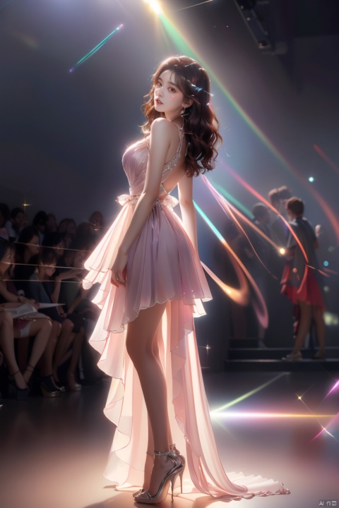  (masterpiece, top quality, best quality, official art, beauty:1.2),whole body,suspender skirt,vertical painting,idol,(luminous quality chiffon dress:1.1),(flash effects:1.3),lavender slip skirt,(hair all to one side:1.5),(dark wavy hair:1.1),(dark red hair:1.1),floating in the air,(crystal high heels:1.2),spotlight,(stage lighting:1.2)