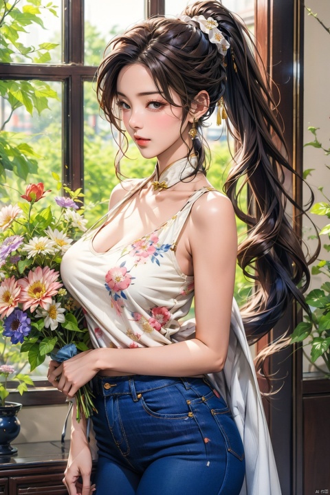  1girl, huge breasts,solo, long hair, looking at viewer, brown hair, black hair, standing, ponytail, flower, pants, indoors, denim, jeans,bouquet,realistic,中国龙,机甲,高达