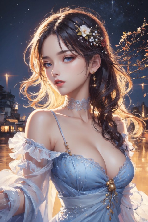  ((masterpiece)), ((best quality)), ((illustration)), extremely detailed,style girl, long shot, small breast,light grey very_long_hair, scifi hair ornaments, beautiful detailed deep eyes, beautiful detailed sky, beautifuldetailed water, cinematic lighting, dramatic angle, (very long sleeves), frills, formal, close to viewer, (an extremely delicate and beautiful),best quality,highres,official art,extremely detailed CG unity 8k wallpaper, ((starry sky)), star river,array stars, Holy, noble, ((oil painting)) , ((wallpaper 8k CG)), (realistic), Concept Art, vary blue and red and orange and pink hard light, intricate light, dynamic hair, haircut, dynamic fuzziness, beautiful and aesthetic, intricate light, manga and anime