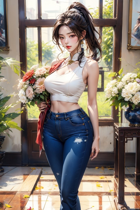  1girl, huge breasts,solo, long hair, looking at viewer, brown hair, black hair, standing, ponytail, flower, pants, indoors, denim, jeans,bouquet,realistic,中国龙,机甲,高达