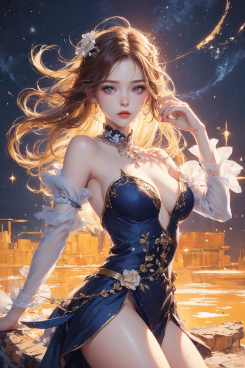  ((masterpiece)), ((best quality)), ((illustration)), extremely detailed,style girl, long shot, small breast,light grey very_long_hair, scifi hair ornaments, beautiful detailed deep eyes, beautiful detailed sky, beautifuldetailed water, cinematic lighting, dramatic angle, (very long sleeves), frills, formal, close to viewer, (an extremely delicate and beautiful),best quality,highres,official art,extremely detailed CG unity 8k wallpaper, ((starry sky)), star river,array stars, Holy, noble, ((oil painting)) , ((wallpaper 8k CG)), (realistic), Concept Art, vary blue and red and orange and pink hard light, intricate light, dynamic hair, haircut, dynamic fuzziness, beautiful and aesthetic, intricate light, manga and anime