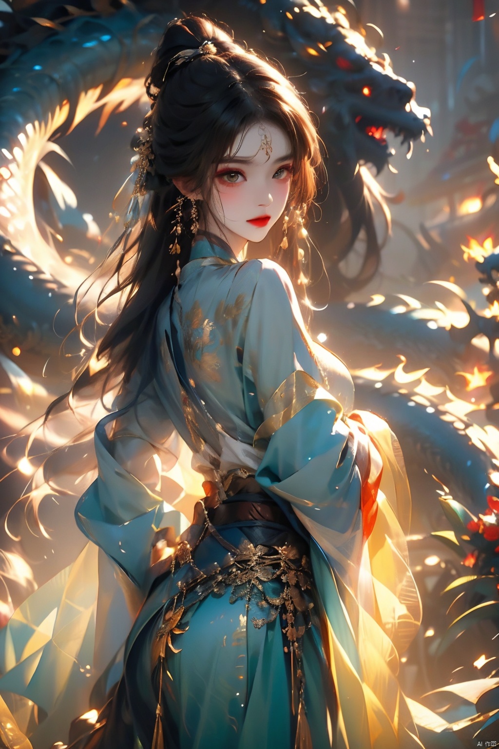 , (masterpiece:1.2), best quality,PIXIV,long hair, shoulder armor, black hair, gloves, hanfu, brown hair, white gloves, chinese clothes, looking at viewer, tassel, earrings, wide sleeves, jewelry, standing, long sleeves, pauldrons, closed mouth, ponytail, dragon, brown eyes, bangs, cape,Chinese girl,traditional Chinese, qiuyinong,midjourney portrait, backlight, colors, Hanfu, fire, HUBG_Rococo_Style(loanword), long, girl,face