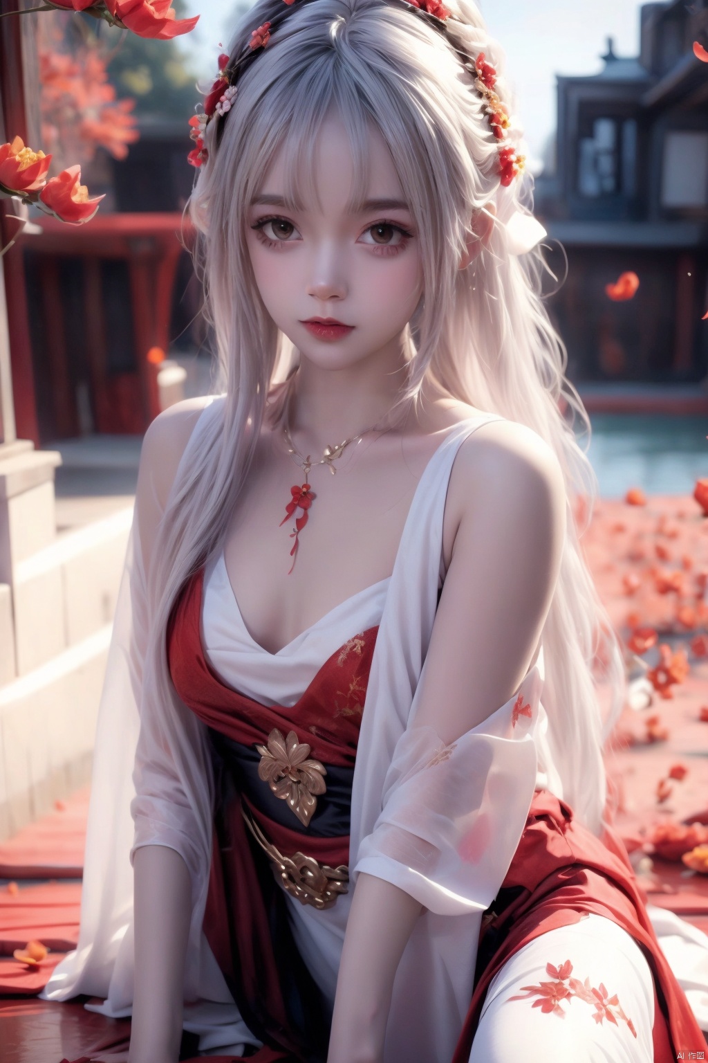  1girl, red eyes, white long translucent night gown, expressionless, (white hair), hair cover one eye, long hair, red hair flower, kneeling on lake, blood, (plenty of red petals:1.35), (white background:1.5), dofas, xiaoyixian