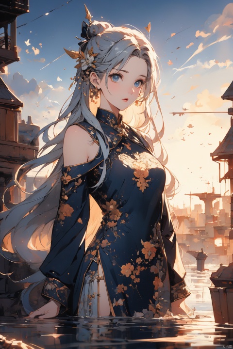  ((masterpiece)), ((best quality)), ((illustration)), extremely detailed,style girl, long shot, small breast,light grey very_long_hair, scifi hair ornaments, beautiful detailed deep eyes, beautiful detailed sky, beautifuldetailed water, cinematic lighting, (/qingning/), (\MBTI\), babata