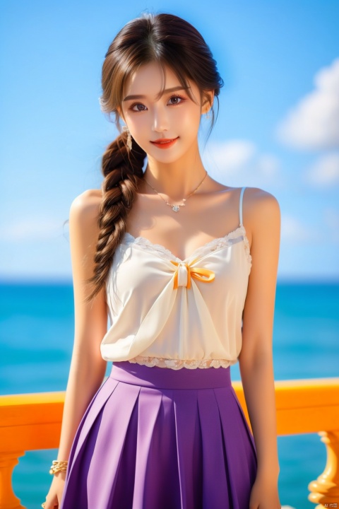  best quality, masterpiece, realistic, ,(Good structure), DSLR Quality,Depth of field,kind smile,looking_at_viewer,Dynamic pose, 
1girl, solo, long hair, , looking at viewer, blush, , bangs, blue eyes,, dress, bow, , bare shoulders, jewelry, very long hair, collarbone, ponytail, white hair, hair bow, thighs, outdoors, sky, sleeveless, day, cloud, water, necklace, white dress, hair over one eye, bracelet, blue sky, blue bow, wading, pendant, doll, skirt hold, rainbow, anastasia \(fate\), ,  , linghua