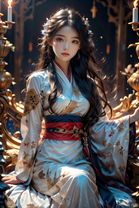  Girl, main hall, practice, white Hanfu, floating in the air, sitting cross-legged, long black hair, surrounded by golden runes, beautiful facial features, fairy, eyes closed, a beam of light, night, firelight, glowing runes , best picture quality, realistic, high definition, masterpiece, master effect