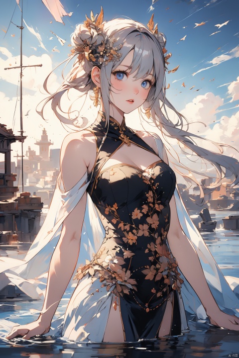  ((masterpiece)), ((best quality)), ((illustration)), extremely detailed,style girl, long shot, small breast,light grey very_long_hair, scifi hair ornaments, beautiful detailed deep eyes, beautiful detailed sky, beautifuldetailed water, cinematic lighting, (/qingning/), (\MBTI\), babata