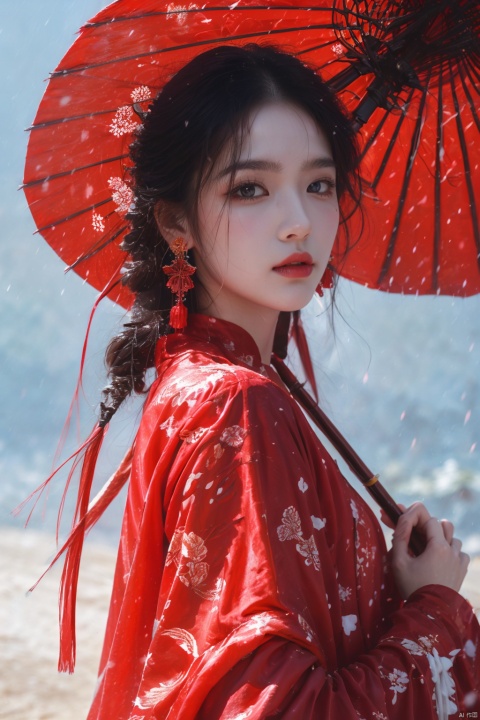  1girl, solo, long hair, looking at viewer, black hair, red eyes, long sleeves, holding, jewelry, upper body, earrings, outdoors, parted lips, Chinese clothes, from side, makeup, umbrella, lipstick, holding umbrella, red lips, oil-paper umbrella, red umbrella, QINGYI