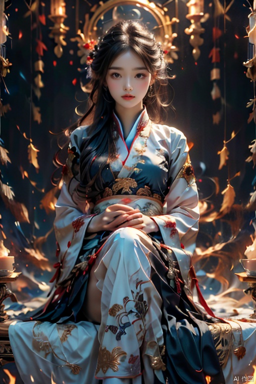  Girl, main hall, practice, white Hanfu, floating in the air, sitting cross-legged, long black hair, surrounded by golden runes, beautiful facial features, fairy, eyes closed, a beam of light, night, firelight, glowing runes , best picture quality, realistic, high definition, masterpiece, master effect