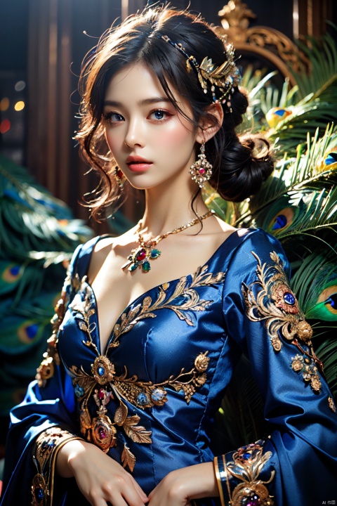  (hyperreal) , (illustration) , (high resolution) , (8K) , (very detailed) , (best illustration) , (beautiful detail eyes) , (best quality) , (super detailed) , (masterpiece) , (wallpaper) , (detail face) , solo, (dynamic pose) , 1 girl, jewelry, peacock, clear