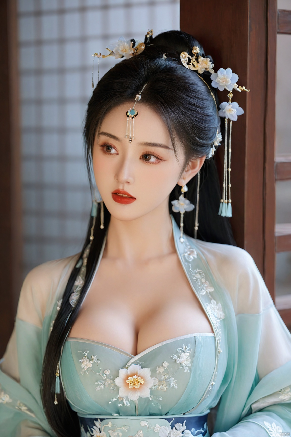  Best quality,realistic,photorealistic,masterpiece,extremely detailed CG unity 8k wallpaper,best illumination,best shadow,huge filesize,incredibly absurdres,absurdres,looking at viewer,
transparent,smog,gauze,vase,petals,traditional chinese room,detailed background,wide shot background,
1gilr,Hairpins,hair ornament,slim,narrow waist,(huge and plump breasts:1.8),(Full chest),perfect eyes,beautiful perfect face,perfect female figure,detailed skin,delicate pattern,detailed complex and rich exquisite clothing detail,delicate intricate fabrics,charming,alluring,seductive,erotic,enchanting,
hanfu,song style outfits,daxiushan,daxiushan style, daxiushan,hanfu, Realistic, Face Score, light master, Miao clothing