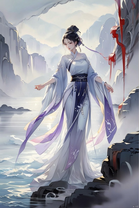 In one ink painting, a woman dressed in lilac stands in front of a foggy landscape. Her figure seems to be part of the painting, integrated with the surrounding mountains and water. Her eyes are deep, as if in contemplation of the mood. Her outstretched hands, moving her graceful body, her fingers gently touching the hem of her skirt, reveal a gentle sensuality in her movements. Traditional Chinese ink painting;
