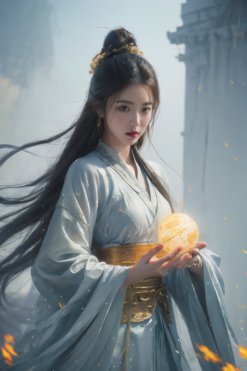  a woman with white hair holding a glowing ball in her hands, white haired deity, by Yang J, heise jinyao, inspired by Zhang Han, xianxia fantasy, flowing gold robes, inspired by Guan Daosheng, human and dragon fusion, cai xukun, inspired by Zhao Yuan, with long white hair, fantasy art style,,Ink scattering_Chinese style, smwuxia Chinese text blood weapon:sw, lotus leaf, (\shen ming shao nv\), gold armor