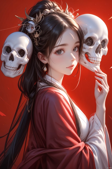  1girl, solo, long hair, looking at viewer, brown hair, black hair, hair ornament, red eyes, long sleeves, holding, jewelry, closed mouth, upper body, earrings, hand up, from side, looking to the side, makeup, mask, chinese clothes, red background, skull, red lips, hair stick, red theme, holding mask, holding skull