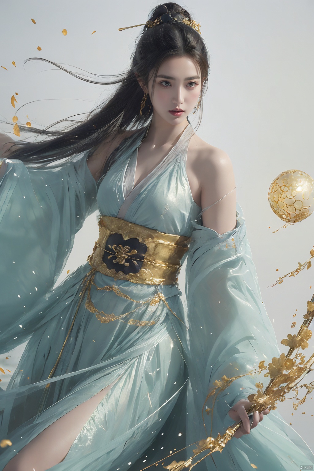  a woman with white hair holding a glowing ball in her hands, white haired deity, by Yang J, heise jinyao, inspired by Zhang Han, xianxia fantasy, flowing gold robes, inspired by Guan Daosheng, human and dragon fusion, cai xukun, inspired by Zhao Yuan, with long white hair, fantasy art style,,Ink scattering_Chinese style, smwuxia Chinese text blood weapon:sw, lotus leaf, (\shen ming shao nv\), gold armor