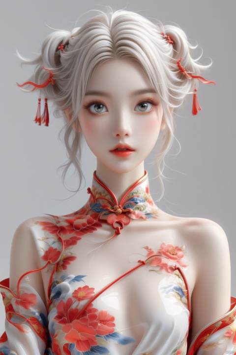  anancq,a girl,red cheongsam,white hair,