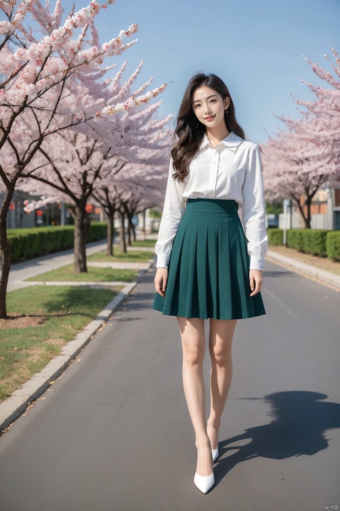  Best Quality, Super High Resolution, a girl (full body photo,) outdoors, white clothes, blue skirt, JK uniform, uniform, full chest, long legs, long hair fluttering, cherry blossom background, blue sky, White Clouds, breeze, turn your face sideways and look to the side, tutututu, lvshui-green dress