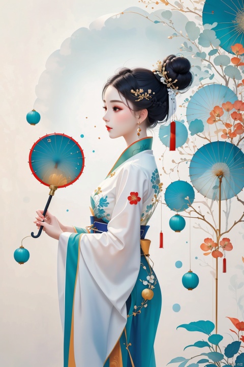  1girl, solo, black hair, hair ornament, long sleeves, dress, holding, jewelry, closed mouth, standing, earrings, wide sleeves, hair bun, from side, umbrella, chinese clothes, single hair bun, holding umbrella, oil-paper umbrella, updo, hanfu