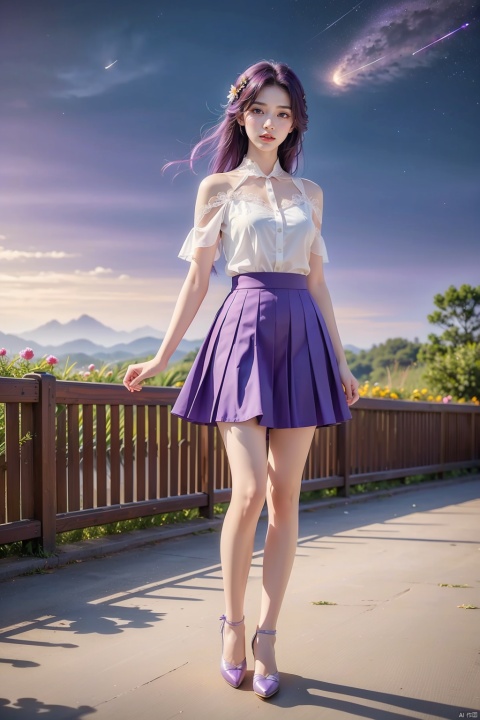  1 girl,full body,purple hair,(brown eyes),(extremely exquisite and beautiful),((purple and blue clothes)),meteor,meteor shower,(super large moon),(blue moon),comet,flower sea,many flowers,flower sea facing the audience,front,solo,butterfly,flying butterfly,There are many butterflies,butterfly hair flower,perspective,half skirt,dreamy light,(8k, RAW photo, best quality, masterpiece:1.2),(realistic, photo fidelity:1.3),Ultra fine,ultra fine cg 8k wallpaper,(crystal textured skin:1.2), yunxi, 1girl