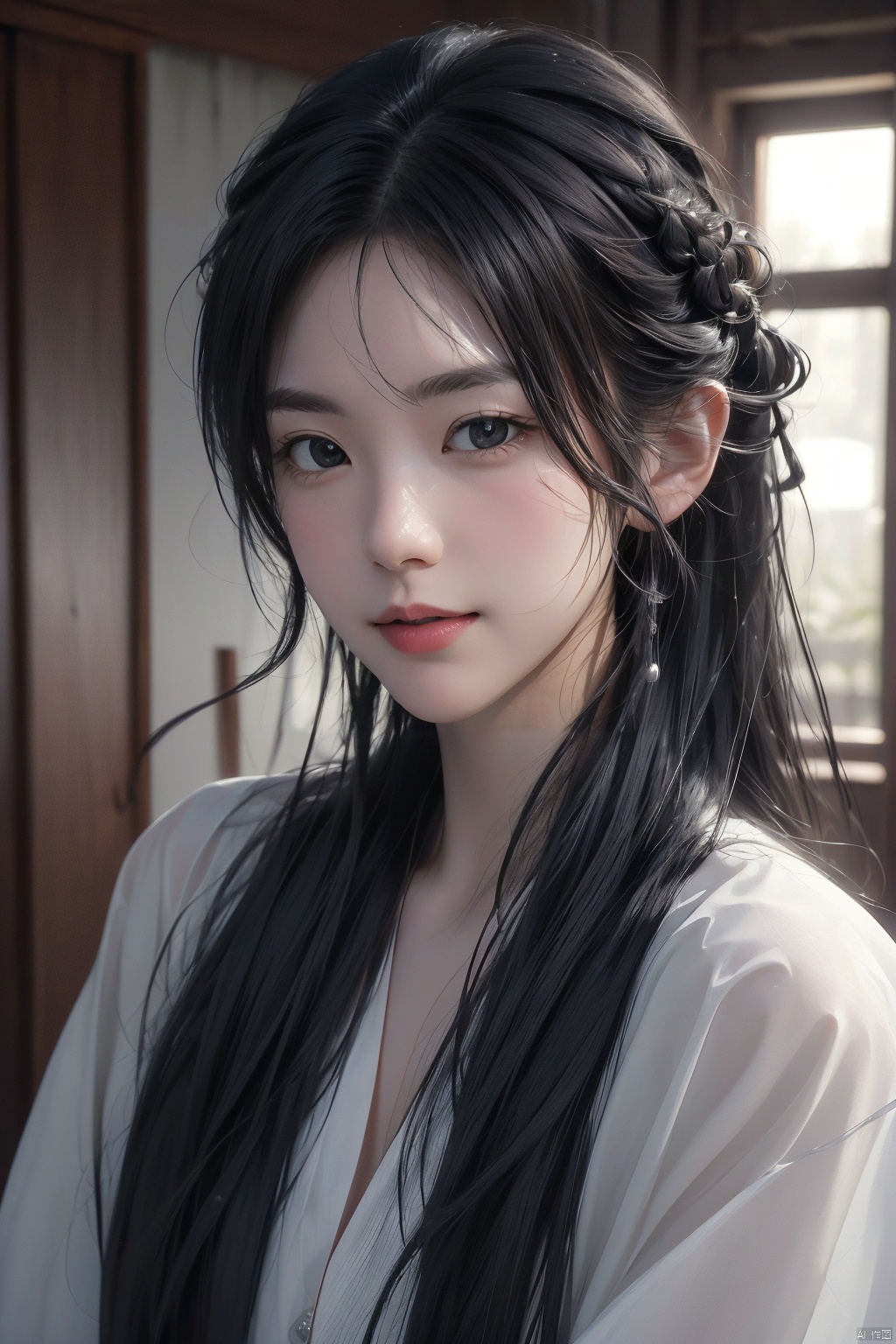  1girl, solo, long hair, looking at viewer, shirt, black hair, upper body, parted lips, teeth, indoors, black eyes, lips, realistic