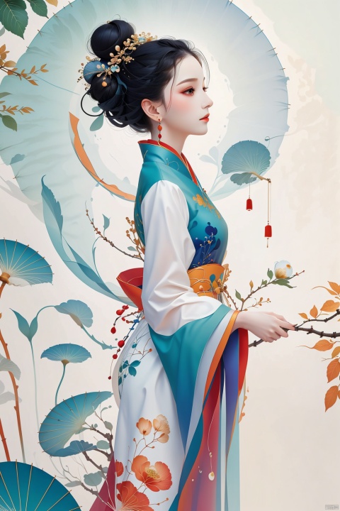  1girl, solo, black hair, hair ornament, long sleeves, dress, holding, jewelry, closed mouth, standing, earrings, wide sleeves, hair bun, from side, umbrella, chinese clothes, single hair bun, holding umbrella, oil-paper umbrella, updo, hanfu