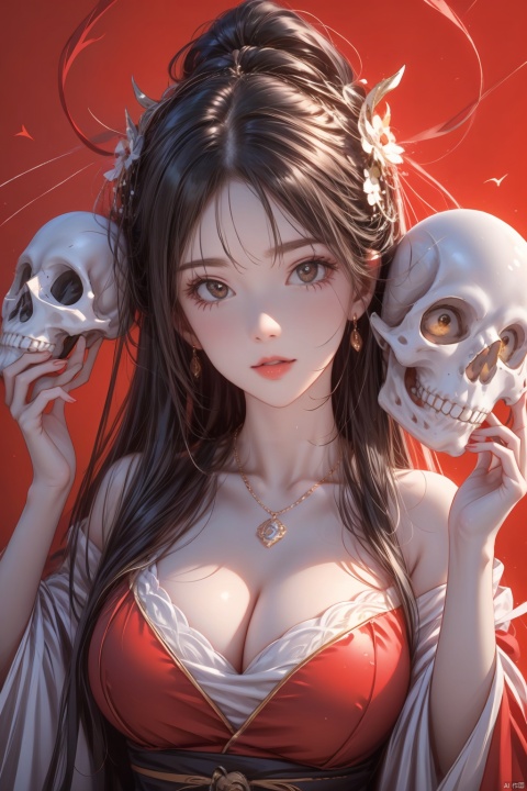  1girl, solo, long hair, looking at viewer, brown hair, black hair, hair ornament, red eyes, long sleeves, holding, jewelry, closed mouth, upper body, earrings, hand up, from side, looking to the side, makeup, mask, chinese clothes, red background, skull, red lips, hair stick, red theme, holding mask, holding skull