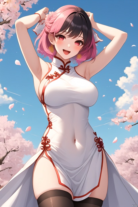  (masterpiece),(best quality),illustration,ultra detailed,hdr,Depth of field,(colorful),1girl, solo, breasts, dress, butterfly, black hair, armpits, bug, smile, arms up, open mouth, looking at viewer, sleeveless dress, chinese clothes, day, cloud, covered navel, sky, sleeveless, :d, outdoors, china dress, red eyes, thighhighs, fur trim, blue sky, blush, bangs, cowboy shot, multicolored hair, sideboob, standing, white dress, petals, short hair, pink thighhighs, cherry blossoms, medium breasts, large breasts, pink hair, ribbon