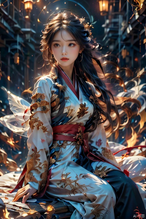  Girl, main hall, practice, white Hanfu, floating in the air, sitting cross-legged, long black hair, surrounded by golden runes, beautiful facial features, fairy, eyes closed, a beam of light, night, firelight, glowing runes , best picture quality, realistic, high definition, masterpiece, master effect