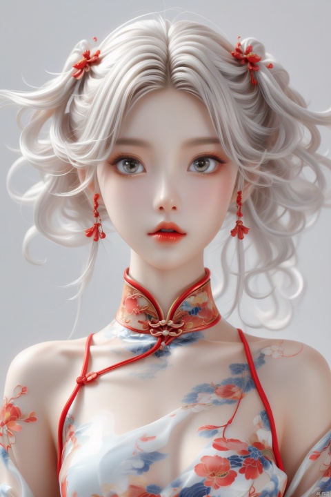  anancq,a girl,red cheongsam,white hair,