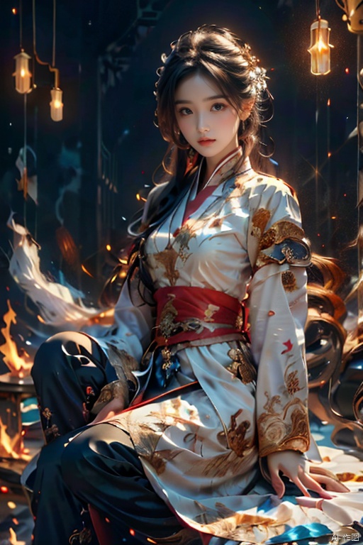  Girl, main hall, practice, white Hanfu, floating in the air, sitting cross-legged, long black hair, surrounded by golden runes, beautiful facial features, fairy, eyes closed, a beam of light, night, firelight, glowing runes , best picture quality, realistic, high definition, masterpiece, master effect