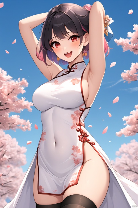  (masterpiece),(best quality),illustration,ultra detailed,hdr,Depth of field,(colorful),1girl, solo, breasts, dress, butterfly, black hair, armpits, bug, smile, arms up, open mouth, looking at viewer, sleeveless dress, chinese clothes, day, cloud, covered navel, sky, sleeveless, :d, outdoors, china dress, red eyes, thighhighs, fur trim, blue sky, blush, bangs, cowboy shot, multicolored hair, sideboob, standing, white dress, petals, short hair, pink thighhighs, cherry blossoms, medium breasts, large breasts, pink hair, ribbon