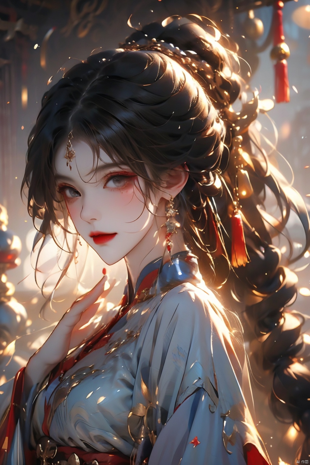  , (masterpiece:1.2), best quality,PIXIV,long hair, shoulder armor, black hair, gloves, hanfu, brown hair, white gloves, chinese clothes, looking at viewer, tassel, earrings, wide sleeves, jewelry, standing, long sleeves, pauldrons, closed mouth, ponytail, dragon, brown eyes, bangs, cape,Chinese girl,traditional Chinese, qiuyinong,midjourney portrait, backlight, colors, Hanfu, fire, HUBG_Rococo_Style(loanword), long, girl,face