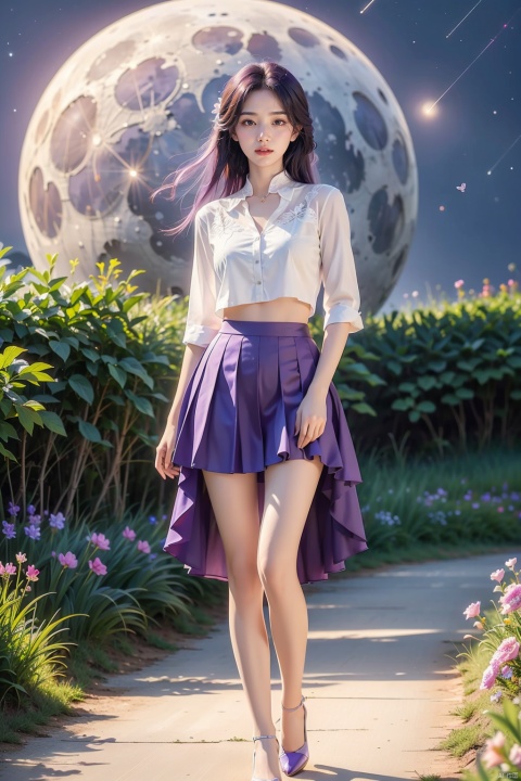  1 girl,full body,purple hair,(brown eyes),(extremely exquisite and beautiful),((purple and blue clothes)),meteor,meteor shower,(super large moon),(blue moon),comet,flower sea,many flowers,flower sea facing the audience,front,solo,butterfly,flying butterfly,There are many butterflies,butterfly hair flower,perspective,half skirt,dreamy light,(8k, RAW photo, best quality, masterpiece:1.2),(realistic, photo fidelity:1.3),Ultra fine,ultra fine cg 8k wallpaper,(crystal textured skin:1.2), yunxi, 1girl