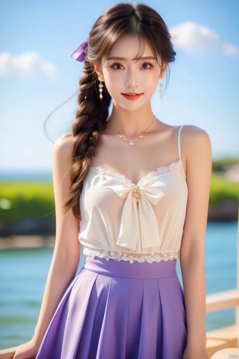  best quality, masterpiece, realistic, ,(Good structure), DSLR Quality,Depth of field,kind smile,looking_at_viewer,Dynamic pose, 
1girl, solo, long hair, , looking at viewer, blush, , bangs, blue eyes,, dress, bow, , bare shoulders, jewelry, very long hair, collarbone, ponytail, white hair, hair bow, thighs, outdoors, sky, sleeveless, day, cloud, water, necklace, white dress, hair over one eye, bracelet, blue sky, blue bow, wading, pendant, doll, skirt hold, rainbow, anastasia \(fate\), ,  , linghua