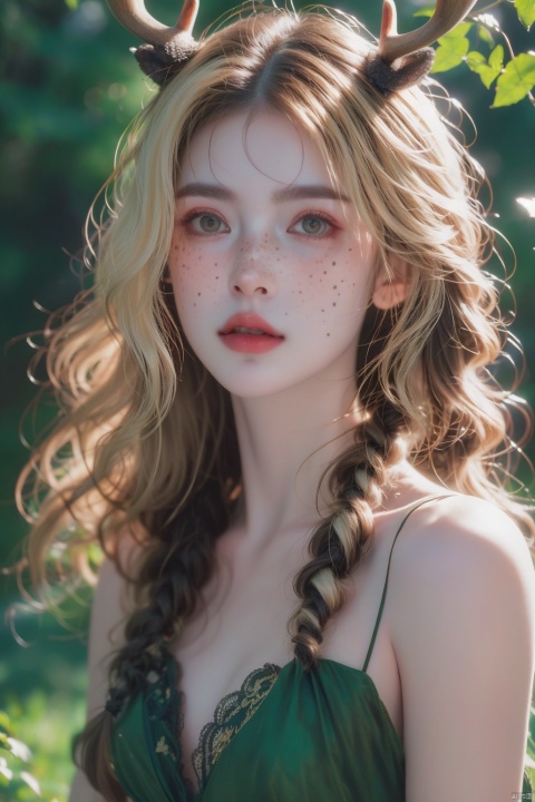 Vintage portrait, photography style, soft focus, pure face,Deer, girl, antlers, vine with leaves, Blonde hair, European and American advanced face, freckles, Detailed light and shadow, Wind, (Strong Sunshine),Two plaits, The forest,Front light source,
, songzuer
