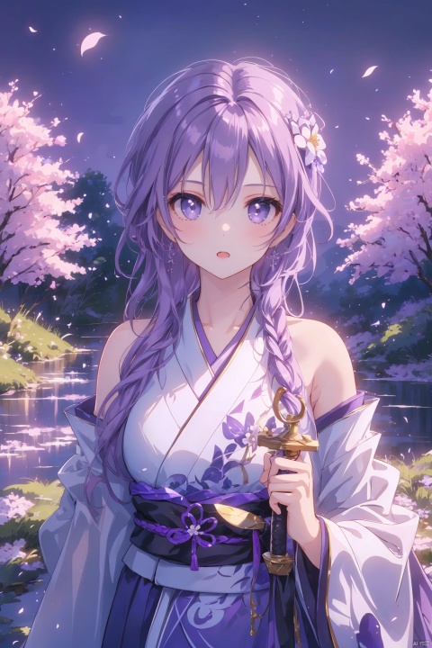 1girl, purple hair, dark purple hair, purple clip on hair, wearing Japanese clothes, Japanese clothes, purple and white Japanese clothes, holding a sword, holding a purple shiny sword, glowing purple sword, Japanese type sword, background charry blossom trees, beautiful pinkish charry blossom trees, dark purple sky, look at the view, lora:more_details:0.5, vibrant colors, masterpiece, sharp focus, best quality, depth of field, cinematic lighting, lora:more_details:0.5, （\personality\）