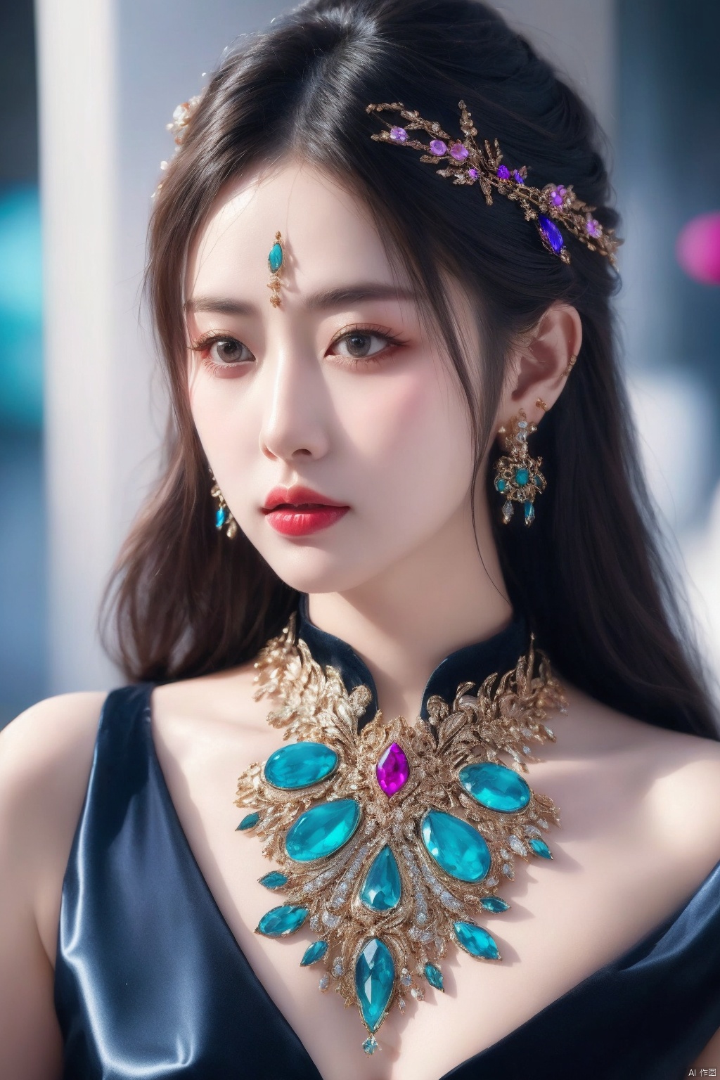  Hyperrealistic portrait of a beautiful woman wearing intricately detailed colorful clothing and futuristic jewellery,low-cut.