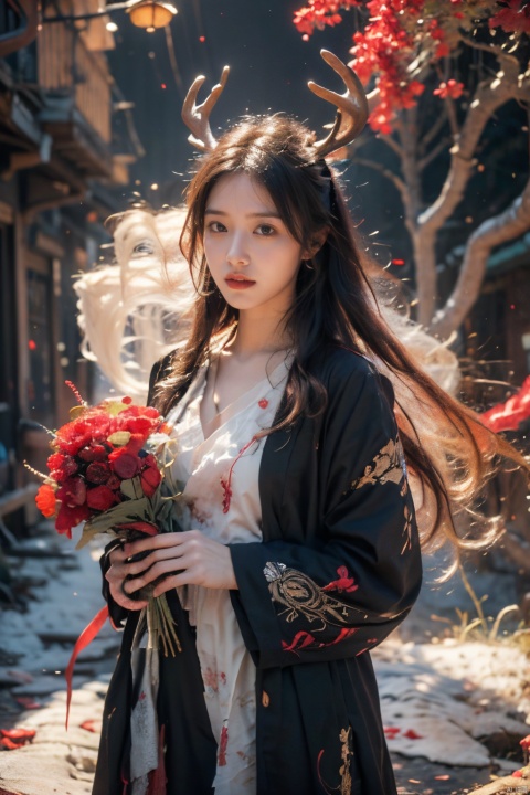  1girl, long hair, flower, Lisianthus, in the style of red and light azure, dreamy and romantic compositions, red, ethereal foliage, playful arrangements, fantasy, high contrast, ink strokes, explosions, over exposure, purple and red tone impression, abstract, whole body capture, ,
, (/qingning/), (\MBTI\), mtianmei, babata, Ink scattering_Chinese style, Divine Deer_Cervus eldii, feixing