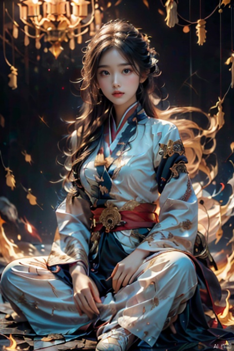  Girl, main hall, practice, white Hanfu, floating in the air, sitting cross-legged, long black hair, surrounded by golden runes, beautiful facial features, fairy, eyes closed, a beam of light, night, firelight, glowing runes , best picture quality, realistic, high definition, masterpiece, master effect