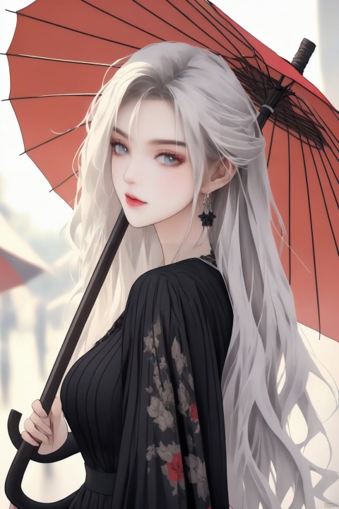  (best quality),((masterpiece)),(highres),illustration,original,extremely detailed,rich-details,masterpiece,High quality,
1girl,European style,Lace umbrellas,Goth.,Big sister,Dark,black background,black umbrella,breasts,dress,hair ornament,holding umbrella,long hair,oil-paper umbrella,parasol,red umbrella,solo,umbrella,very long hair,white hair,
, wuxiuxi
