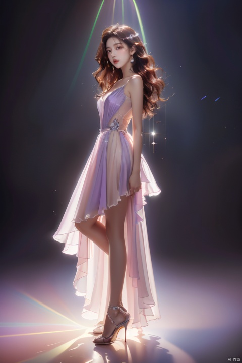  (masterpiece, top quality, best quality, official art, beauty:1.2),whole body,suspender skirt,vertical painting,idol,(luminous quality chiffon dress:1.1),(flash effects:1.3),lavender slip skirt,(hair all to one side:1.5),(dark wavy hair:1.1),(dark red hair:1.1),floating in the air,(crystal high heels:1.2),spotlight,(stage lighting:1.2)