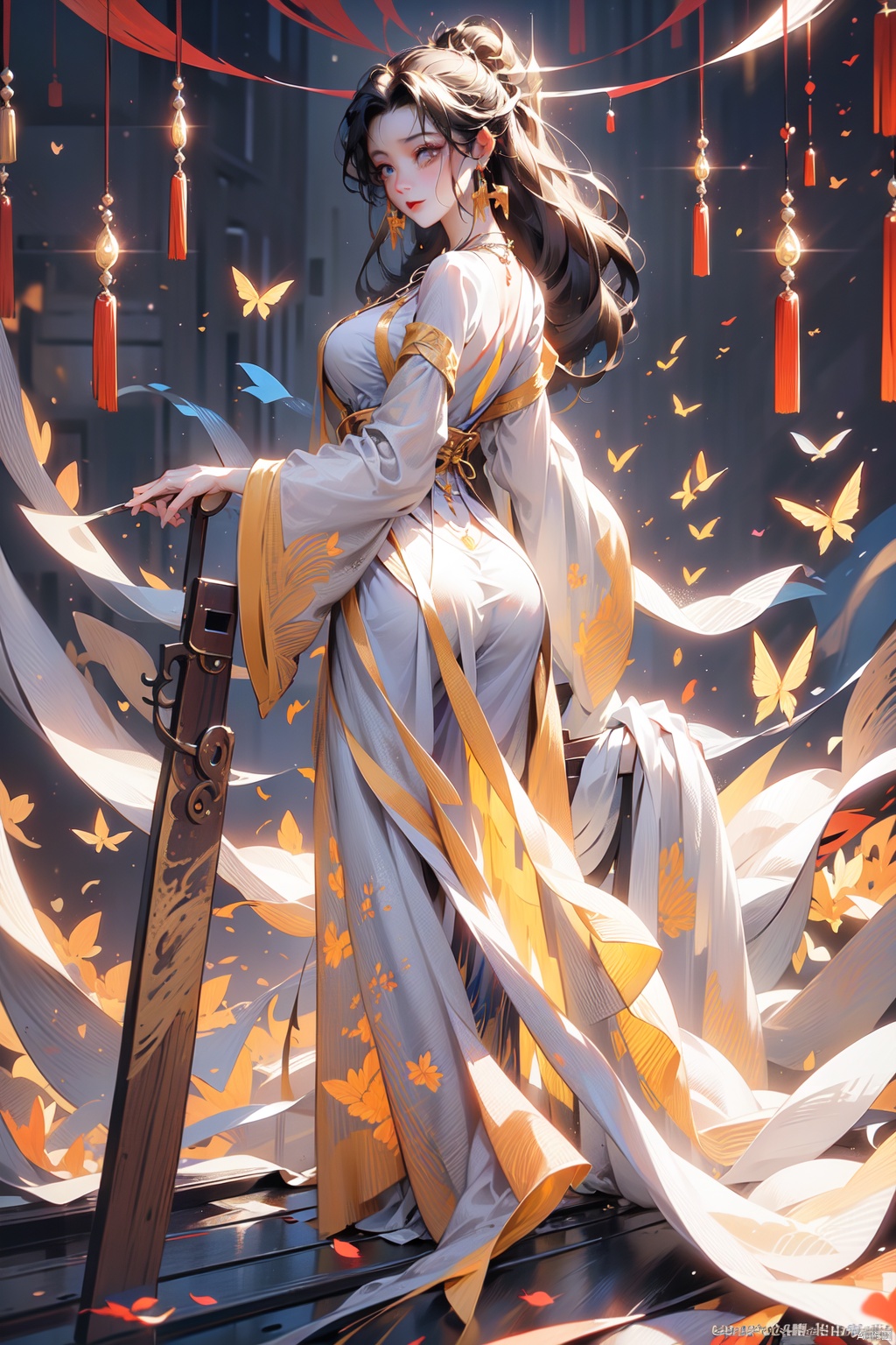  (best quality,masterpiece, original, extremely detailed 8K wallpaper)((absurdres)),(ultra-detailed),East Hanfu girl, voluptuous figure, golden earrings, golden necklace, photo style, clear details, wooden background, complete tags, happy sunshine, stylish, clothing., girl, zanhua, HUBG_Rococo_Style(loanword)